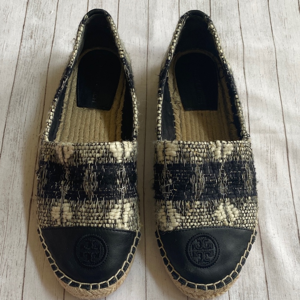 Tory Burch Black and Cream Tweed Espadrille Slip-Ons